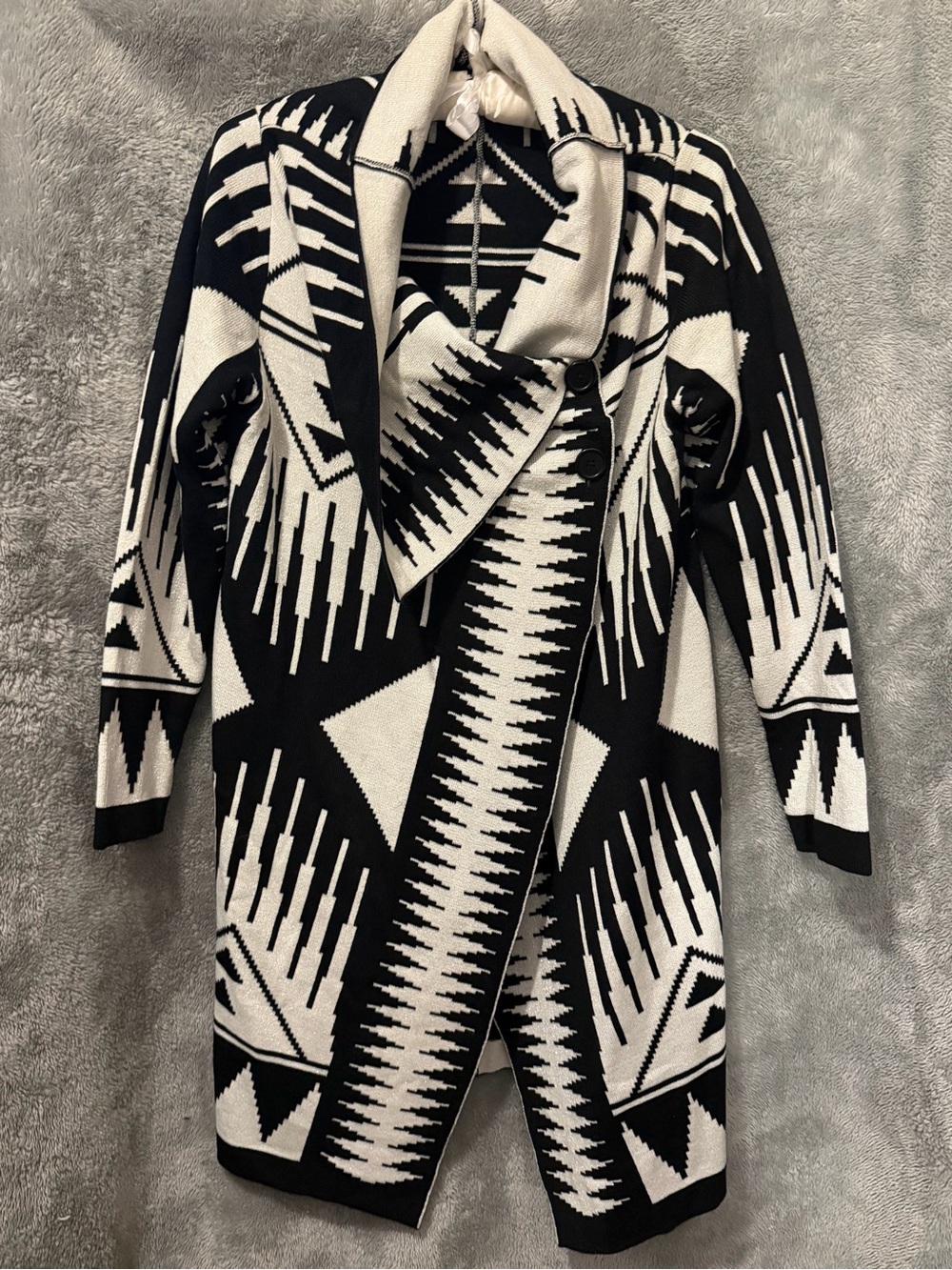 Ashro Black & White Geometric Open-Front Trench Cardigan Medium